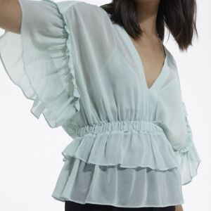 🆕️ The Kooples Plain Luxury Ruffled Flowy Blouse in Mint Light Blue